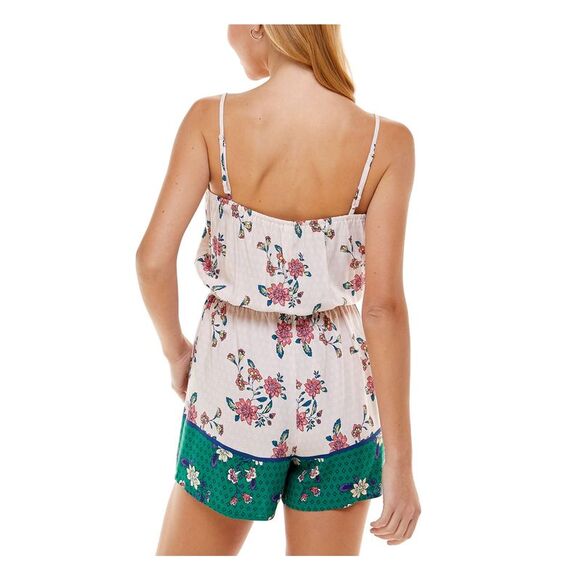 KINGSTON GREY Womens Tie Gathered 3 Inseam Spaghetti Strap V Neck Romper - Picture 2 of 4